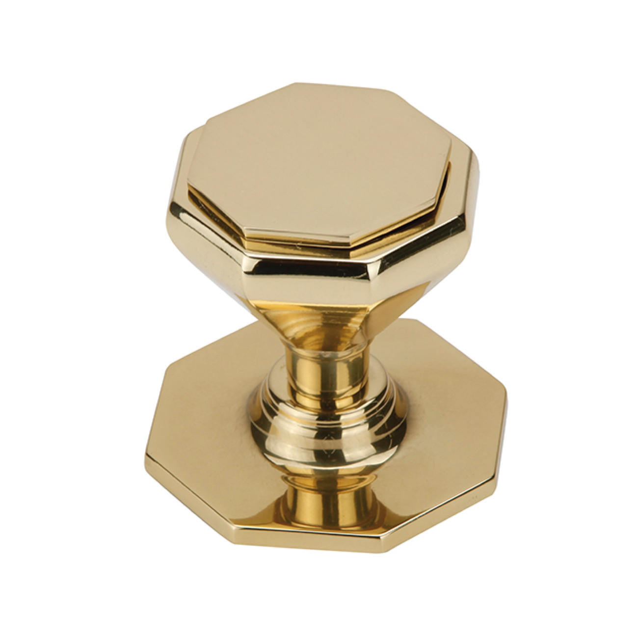 Pomo octogonal de latón en acabado dorado brillo para puertas de entrada