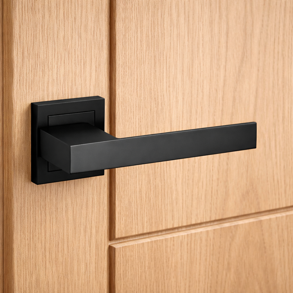 Manilla de zamak modelo 220 con roseta cuadrada en acabado negro para puertas