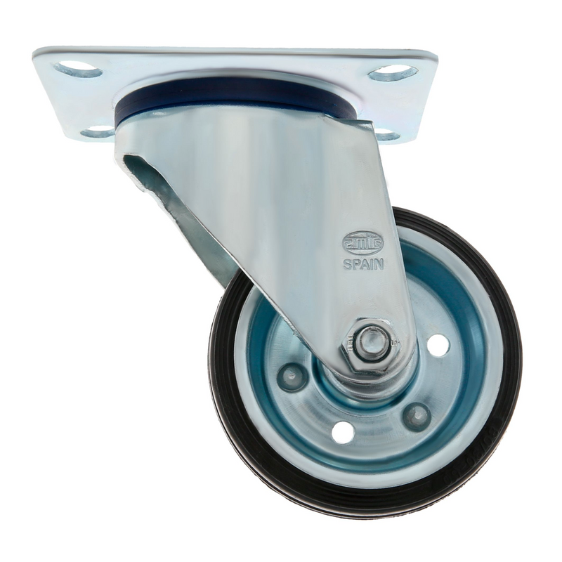 360º swivel wheel of Ø80mm with screw-on plate covered in black rubber