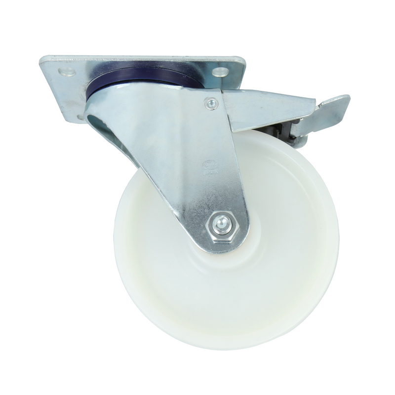 White nylon wheel with brake and Ø100mm plate with 360º rotation, supports up to 200kg