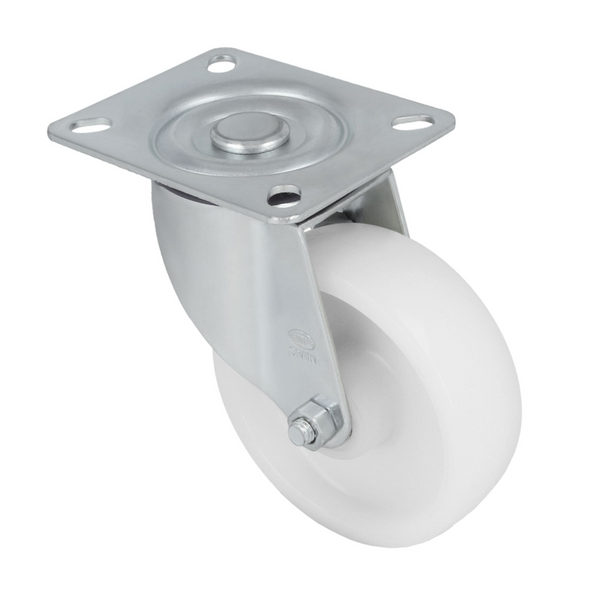 Rueda de nylon blanca con pletina de Ø125mm de giro 360º soporte hasta 230kg