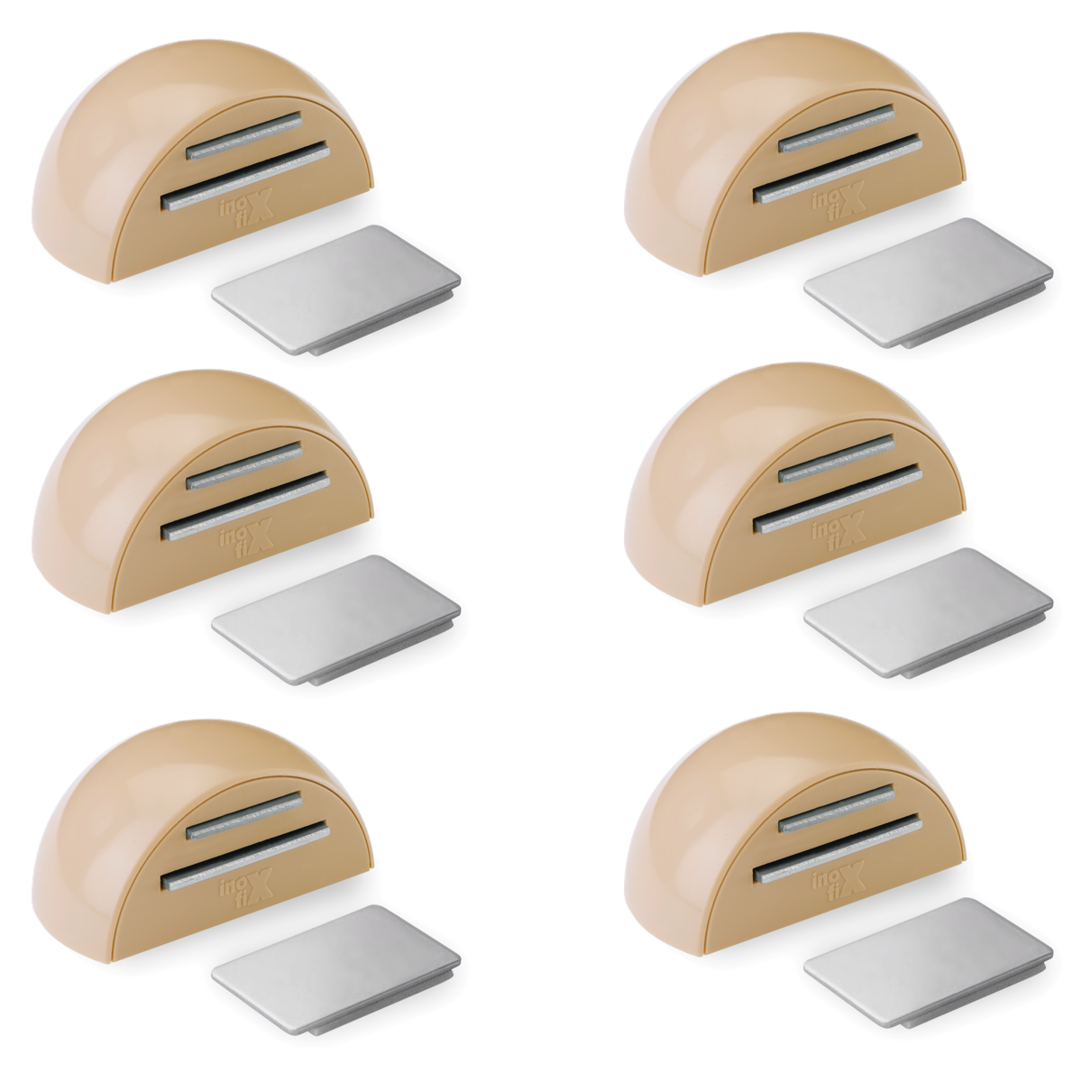 6 retenedores de puerta adhesivos imantados beige con placa de acero inoxidable