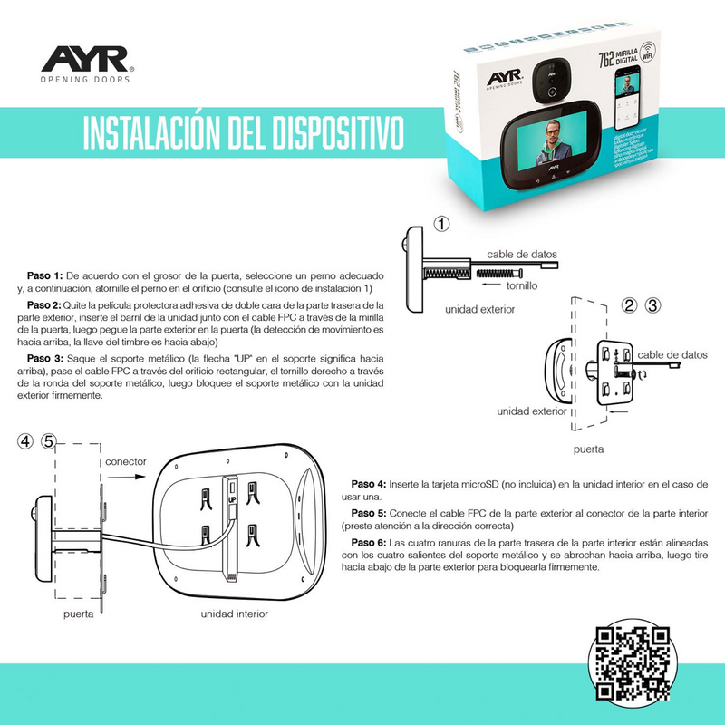 Mirilla negra AYR 762 de WIFI con pantalla de 4,3" y sensor ajustable