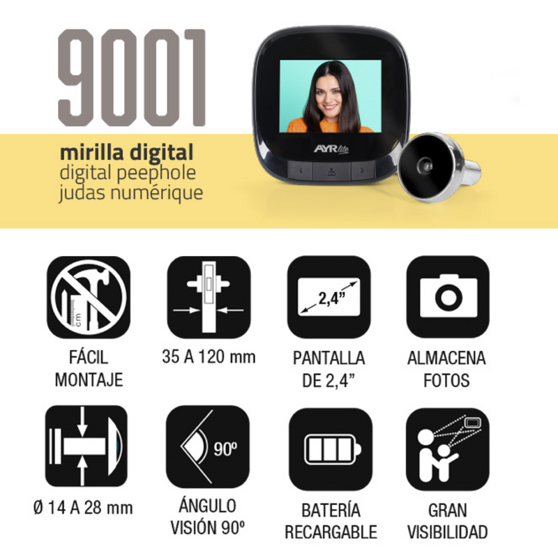 Mirilla digital LITE 9001 negro/cromo con pantalla de 2,4"