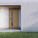 Puerta de madera exterior con manivela electrónica negra