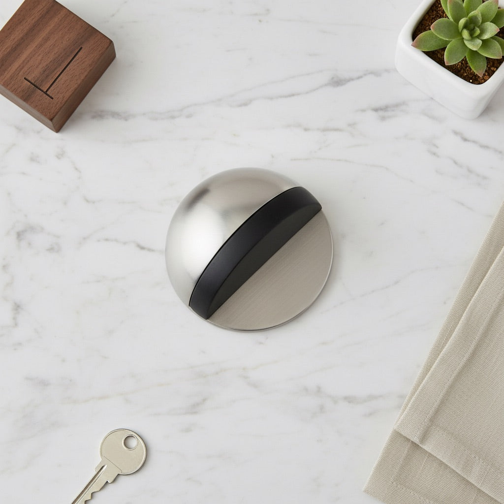 Tope adhesivo semicírculo de zamak con goma negra para puertas