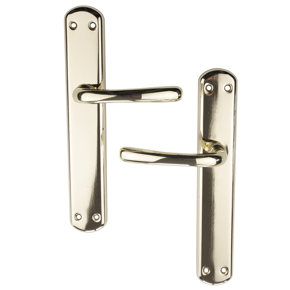 Manilla modelo '6501' de zamak acabado dorado brillo con placa ovalada para puertas