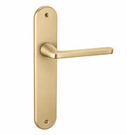 Juego de manillas con placa ovalada de aluminio en latonado mate 250x48 mm para puertas
