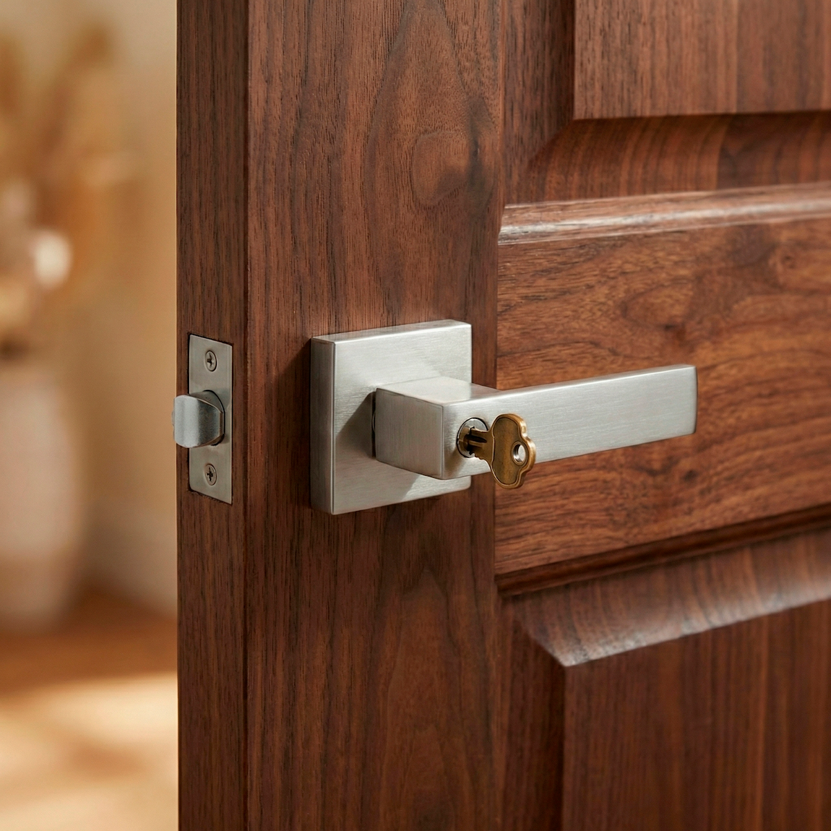 Manilla modelo Luke en acabado níquel satinado con cerradura integrada y roseta cuadrada puertas de entrada