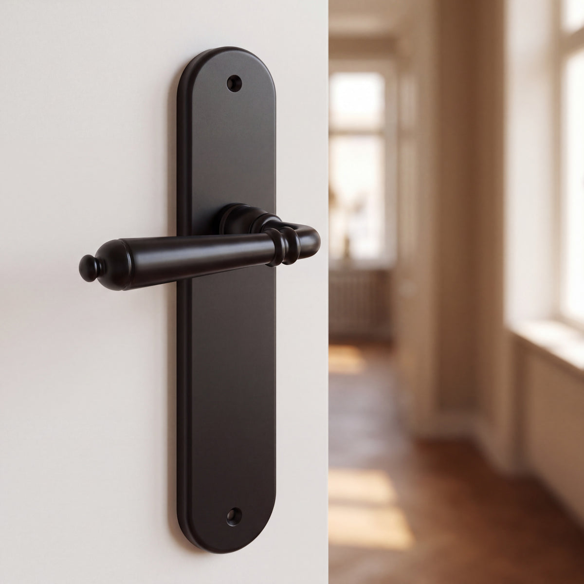Manilla de aluminio en negro con placa ovalada instalada en una puerta blanca de interior.