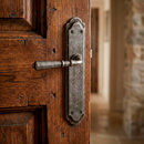 Manilla modelo '508' con placa rústica y acabado negro envejecido para puertas