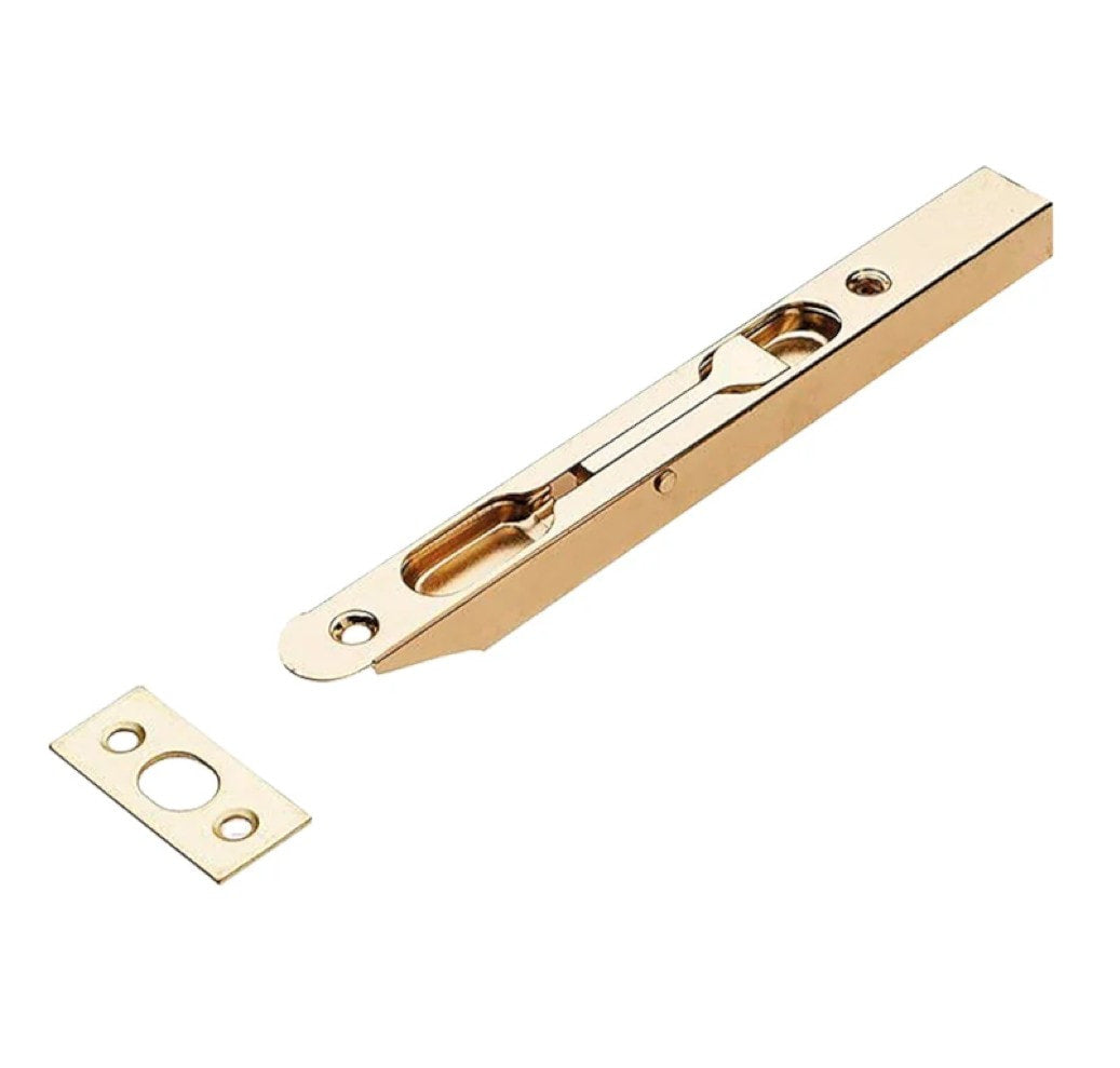 Pasador de embutir de acero inoxidable latonado brillo con placa de cierre para puertas dobles.