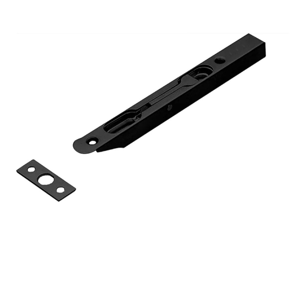 Pasador para puertas dobles en acabado negro y placa de cerradero metálica para bloqueo de hoja secundaria.