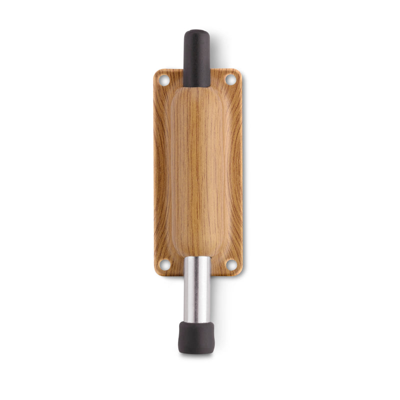 Sturdy light wood finish steel door retainer for foot operation