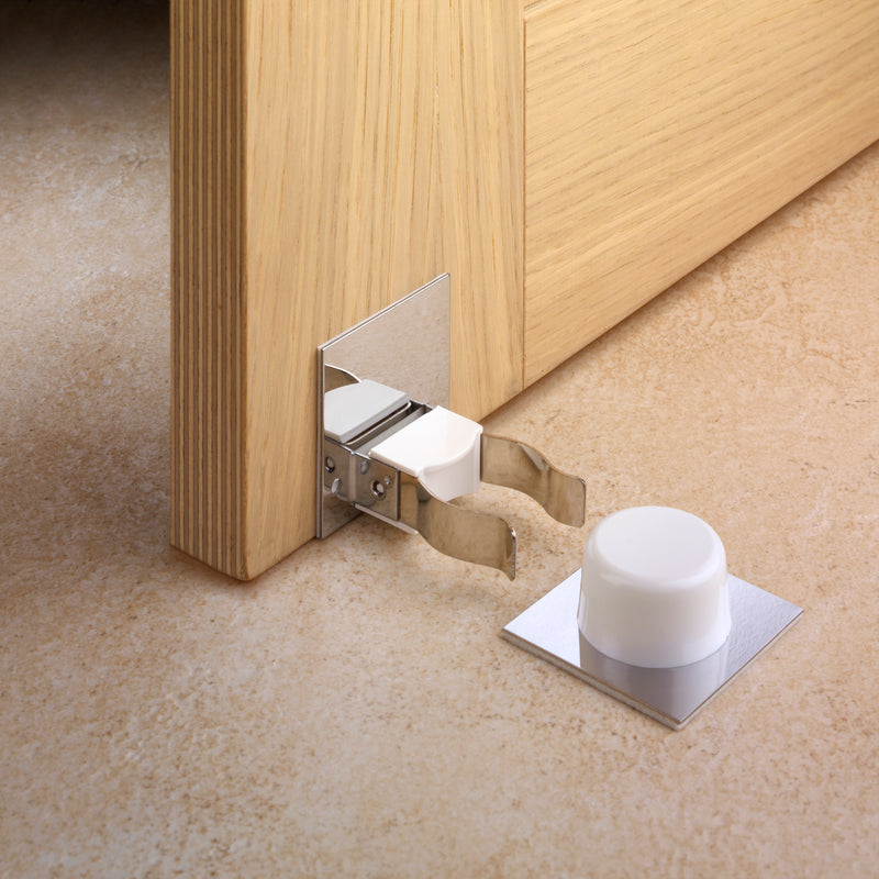 Tope de puerta y retenedor adhesivo blanco de PVC flexible con base madera