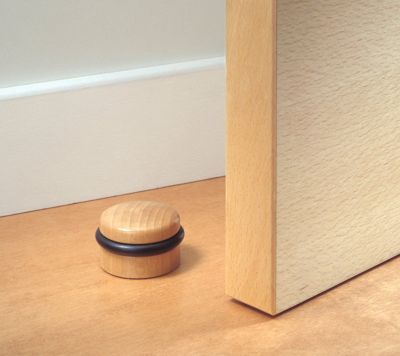 Classic adhesive beech wood door stop in light varnish