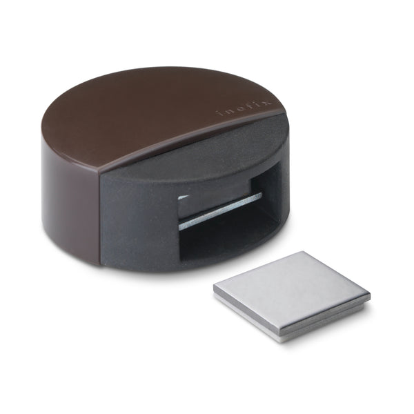 Self-adhesive door stop in brown finish with magnetic retainer function