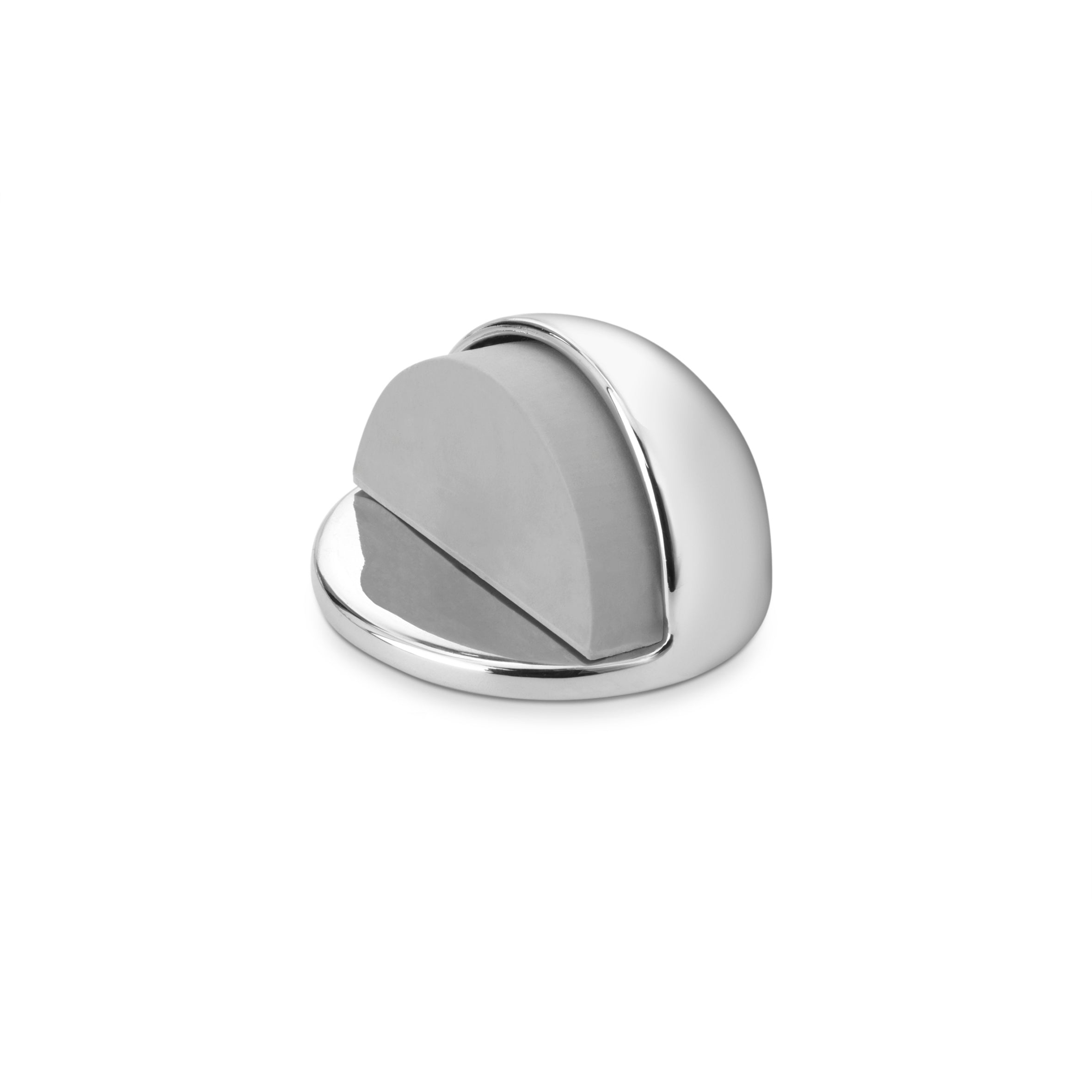 Half-moon metal adhesive door stopper finished in gloss chrome with rubber damper