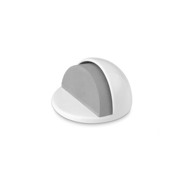 Half-moon metallic adhesive door stopper finished in white lacquer with rubber buffer