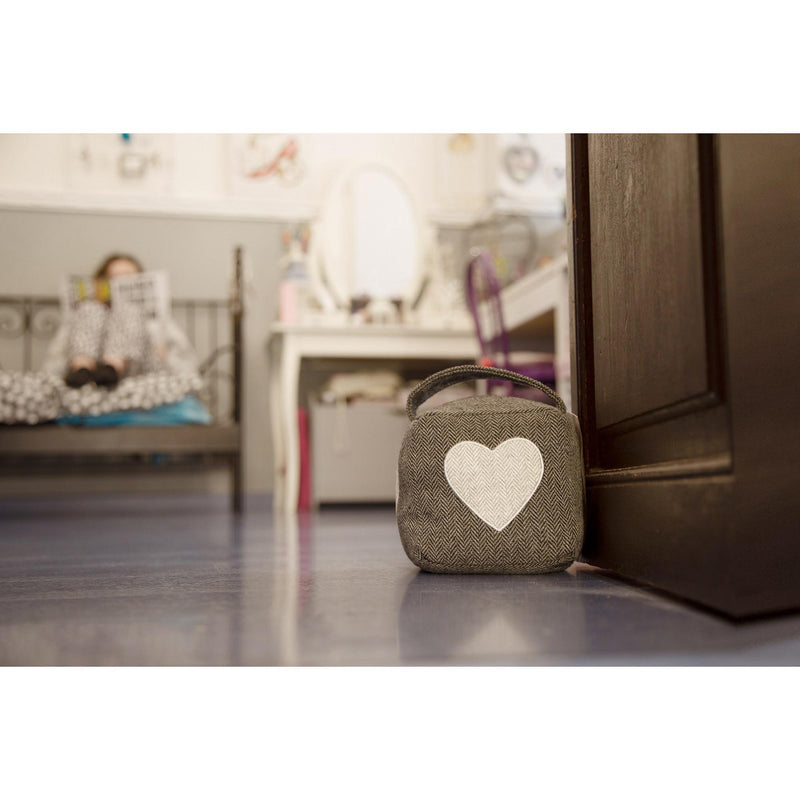 Gray cube-shaped textile door retainer stopper with heart