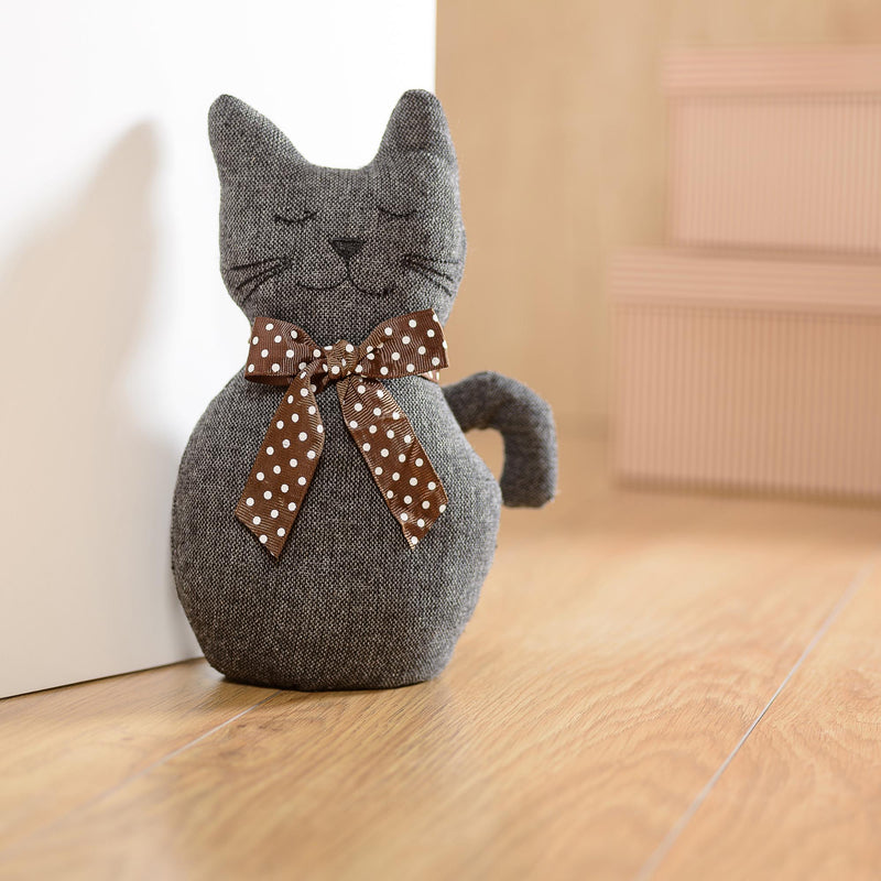 Gray cat-shaped textile door retainer stopper