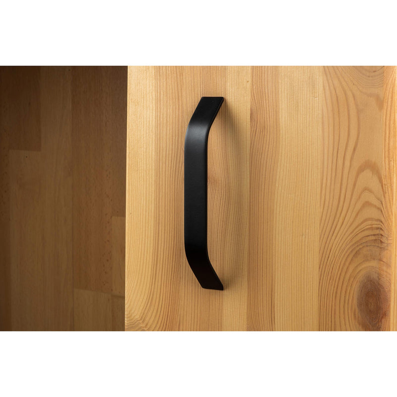 Wide and curved aluminum handle with 160mm centerline in matte black finish for cabinets