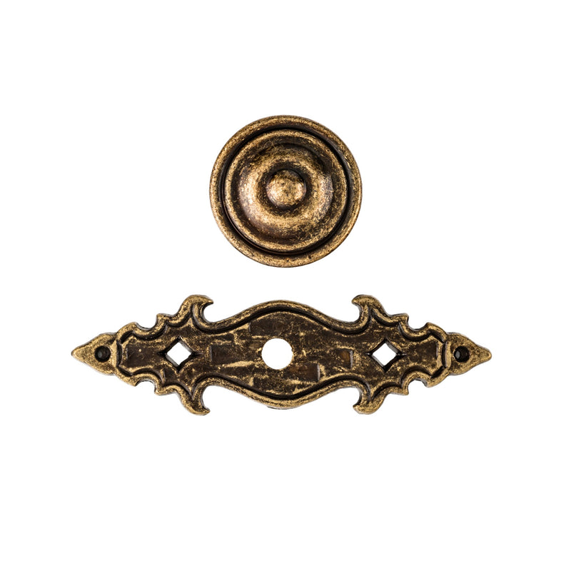 Knob with zamak plate with rustic design in aged leather finish