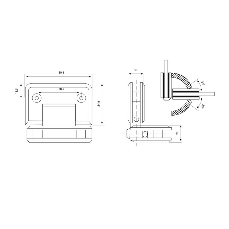 L-shaped hinge for glass and screens with a thickness of 8-12 mm in shiny chrome