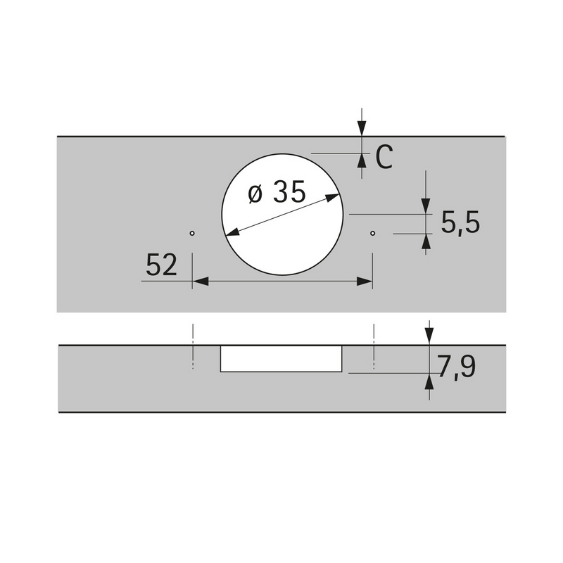 Hettich straight cup hinge for thin Intermat doors opening 110º