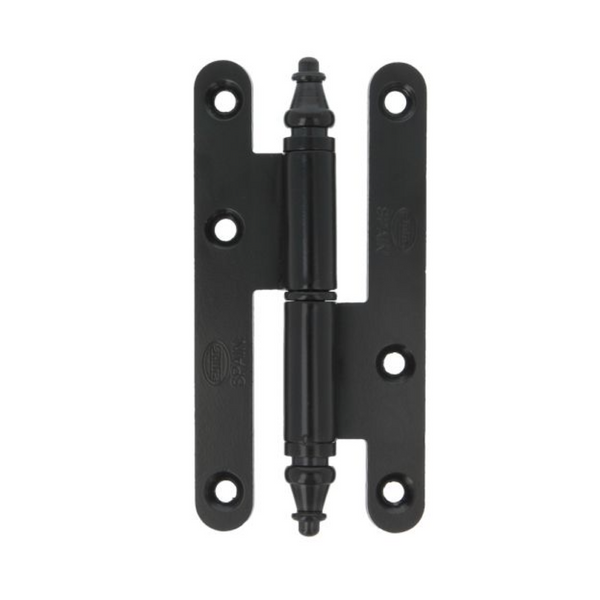 Pernio de puerta de canto redondo en acabado negro con remate de 110 x 55 mm