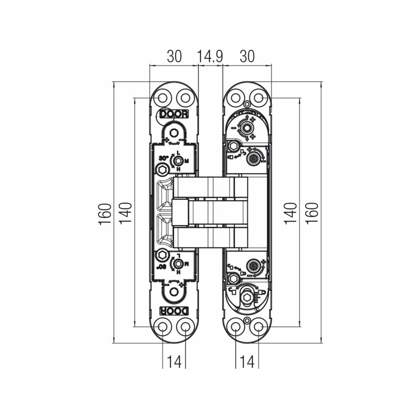 Twist K2000 chrome hidden hinge with automatic closing for 60kg doors