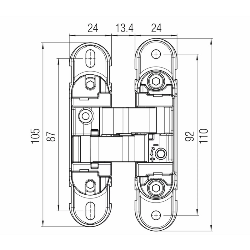 Dobradiça oculta K1019 zamak cromado acetinado e POM C para portas interiores niveladas