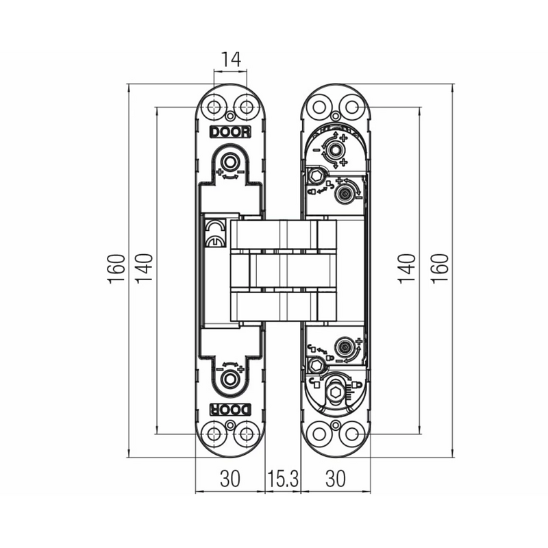 Concealed hinge K7080 satin chrome for flush doors up to 100kg