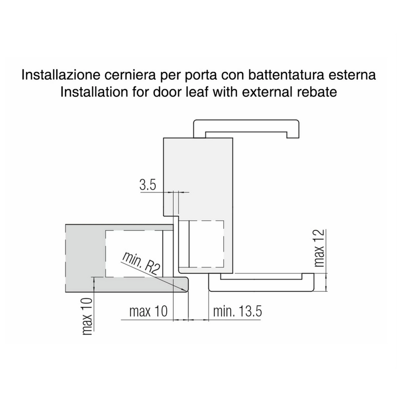 Dobradiça oculta K3000 cromado acetinado para portas com dobradiças externas