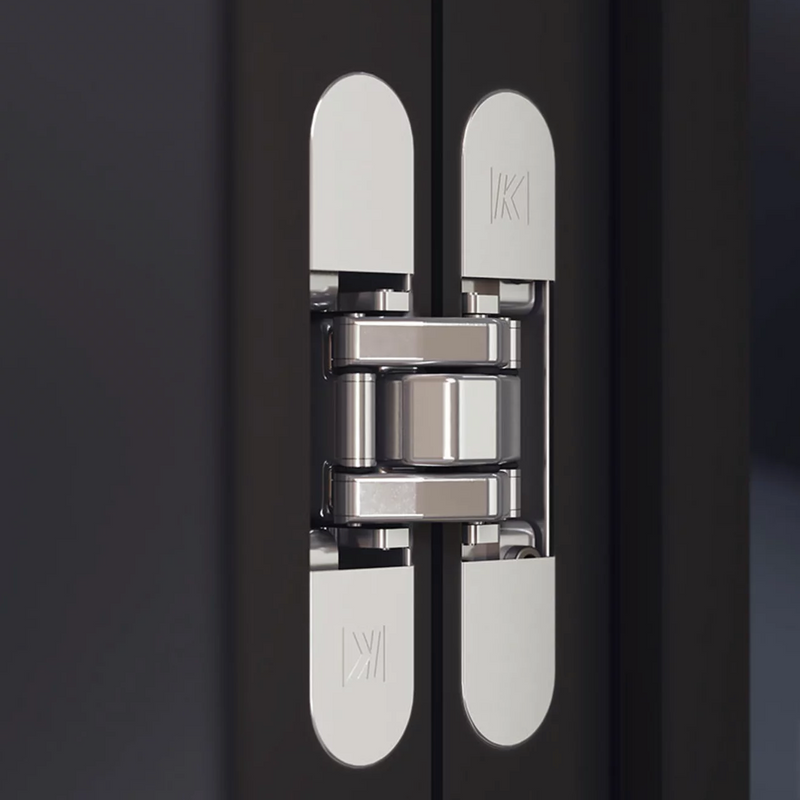 Atomika Slim K8060 concealed hinge in satin chrome for fire-resistant flush doors