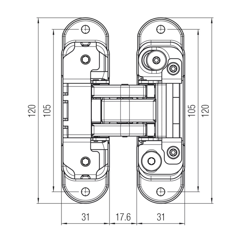 Dobradiça oculta K8000 dourada com 31 mm de largura para portas embutidas