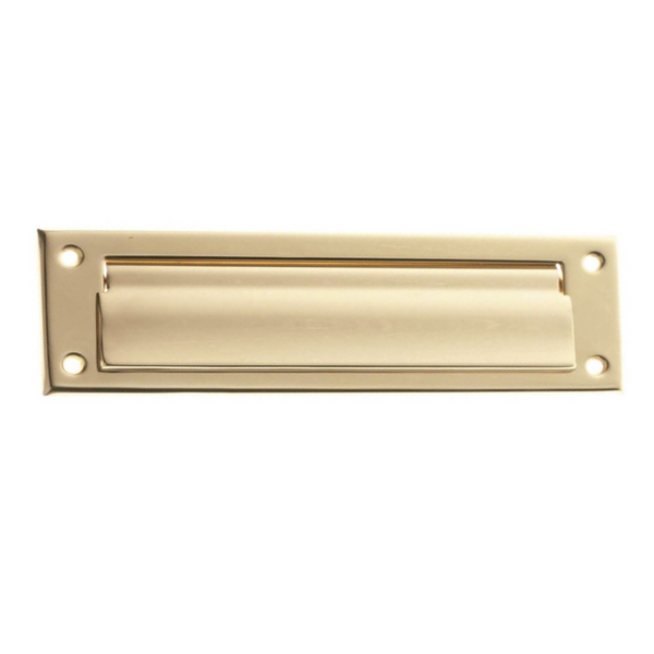 Boca-cartas rectangular de 342x73mm fabricado en latón acabado dorado para puertas
