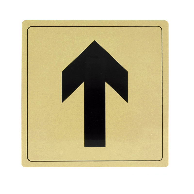 Adhesive square identification sign with up arrow in aluminum 140x140mm gold finish