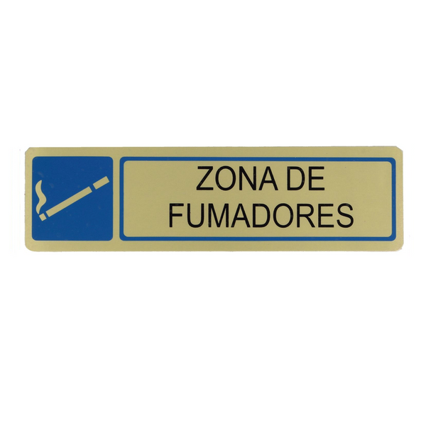 Cartel adhesivo zona de fumadores rectangular en aluminio dorado