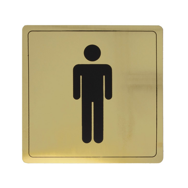 Cartel identificativo cuadrado adhesivo de baño de hombres en aluminio 140x140mm acabado dorado