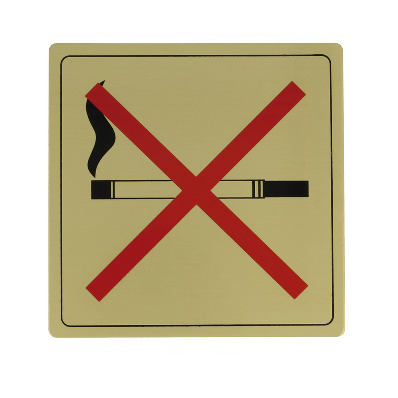 Cartel identificativo cuadrado adhesivo de prohibido fumar en aluminio 140x140mm acabado dorado