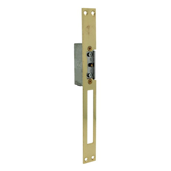 Cerradura eléctrica dorada para puertas metálicas con palanca de desbloqueo y cerradero regulable