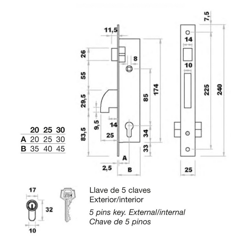 Mortise lock in metal profile with 25mm FAC hook up to lock