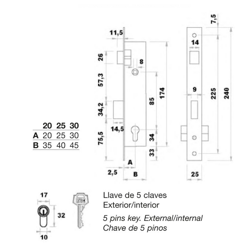 Mortise lock in metal profile, FAC brand, model 7002, 30mm up to lock