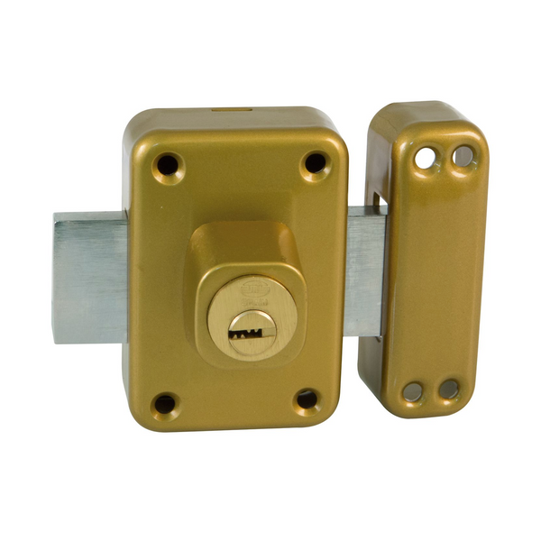 Cerradura pequeña de sobreponer acabado oro con cilindro de seguridad para puertas