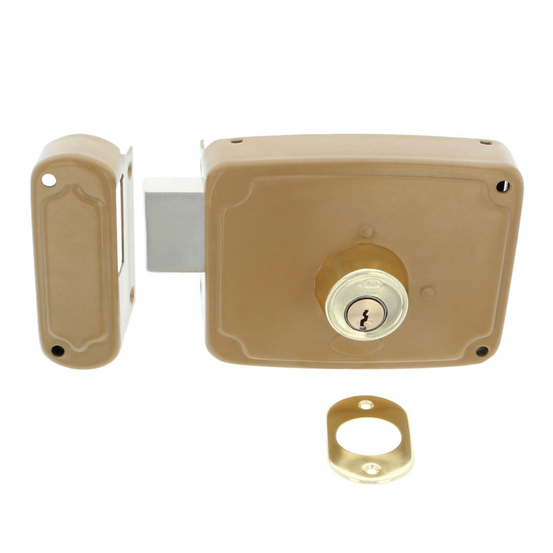 Cerradura de sobreponer acabado oro de 80mm de ancho con cilindro y llave de serreta para puertas