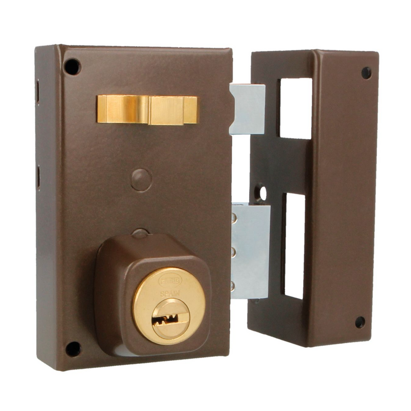 Cerradura de sobreponer mod.75 acabado marrón de 67mm de ancho para puertas de madera