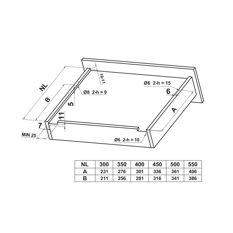 2 hidden 400mm guides with push system for total extraction and 4.5mm regulation