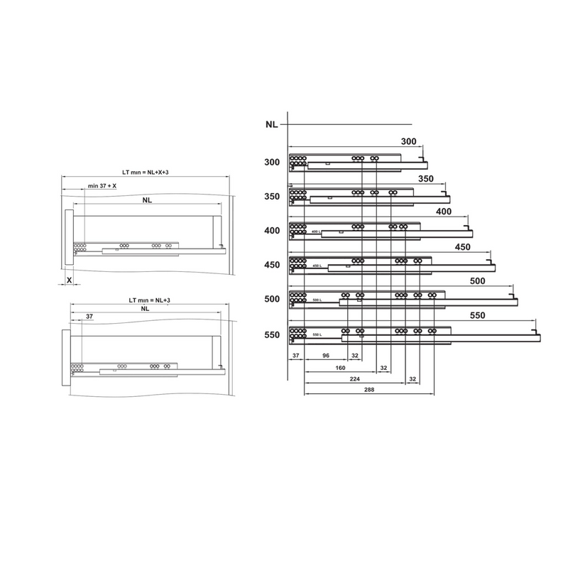 2 hidden 350mm drawer guides with 4.5mm soft closing adjustment and loads of 25kg per pair