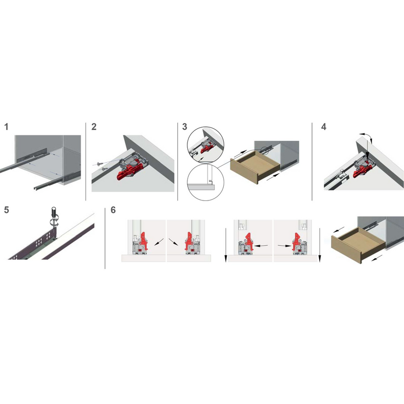 2 guias de gaveta ocultas de 550mm com fixação por clipes de fechamento suave e cargas de 25kg por par